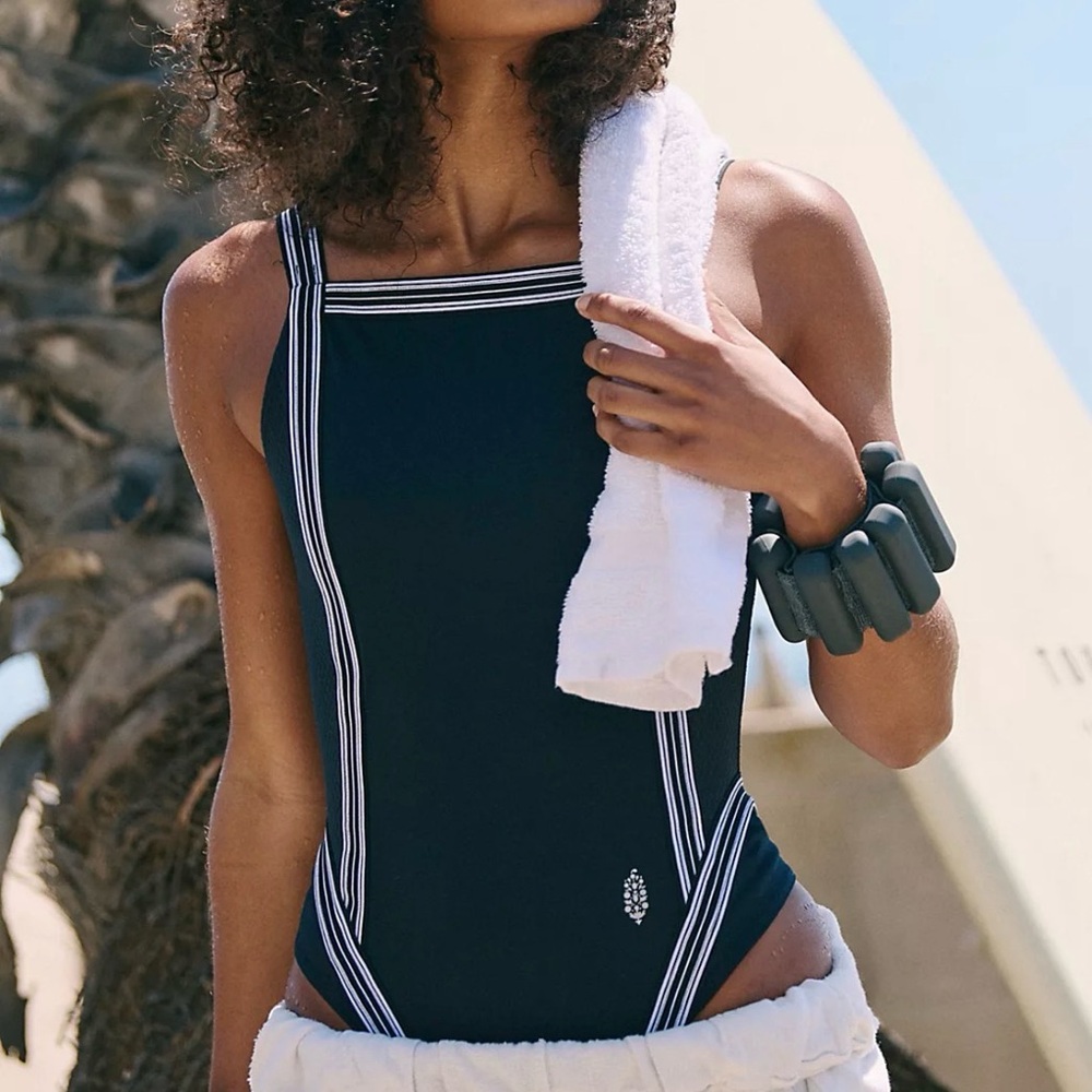NWT Free People Up and At ‘Em Bodysuit with White Stripe Trim
